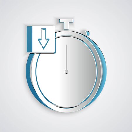 Paper cut Stopwatch icon isolated on grey background. Time timer sign. Chronometer. Paper art style. Vector Illustrationのイラスト素材