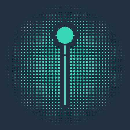Green Medieval chained mace ball icon isolated on blue background. Medieval weapon. Abstract circle random dots. Vector Illustrationのイラスト素材