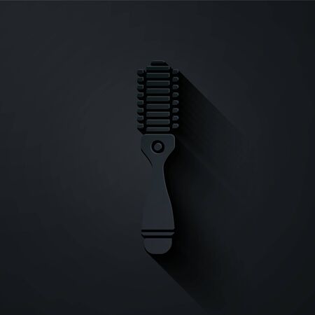 Paper cut Hair dryer icon isolated on black background. Hairdryer sign. Hair drying symbol. Blowing hot air. Paper art style. Vector Illustrationのイラスト素材