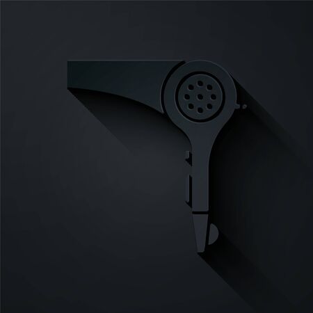 Paper cut Hair dryer icon isolated on black background. Hairdryer sign. Hair drying symbol. Blowing hot air. Paper art style. Vector Illustrationのイラスト素材
