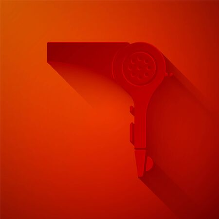 Paper cut Hair dryer icon isolated on red background. Hairdryer sign. Hair drying symbol. Blowing hot air. Paper art style. Vector Illustrationのイラスト素材