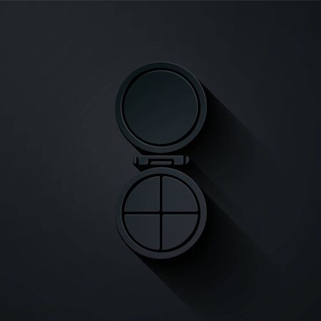 Paper cut Makeup powder with mirror icon isolated on black background. Paper art style. Vector Illustrationのイラスト素材