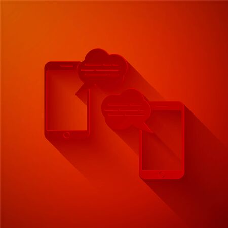 Paper cut New chat messages notification on phone icon isolated on red background. Smartphone chatting sms messages speech bubbles. Paper art style. Vector Illustrationのイラスト素材