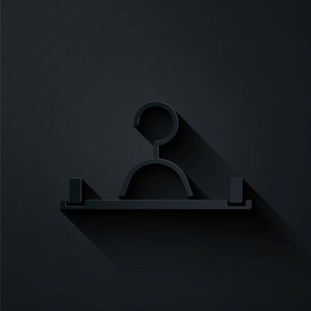 Paper cut Hanger wardrobe icon isolated on black background. Cloakroom icon. Clothes service symbol. Laundry hanger sign. Paper art style. Vector Illustrationのイラスト素材