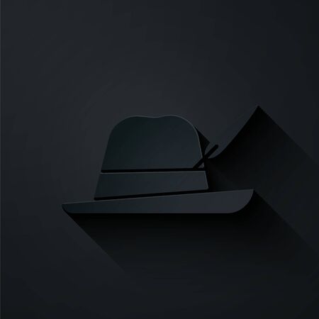 Paper cut Oktoberfest hat icon isolated on black background. Hunter hat with feather. German hat. Paper art style. Vector Illustrationのイラスト素材
