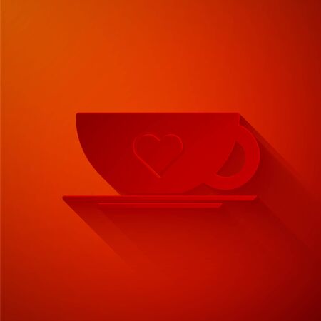 Paper cut Coffee cup and heart icon isolated on red background. Couple coffee for lovers on Valentines Day. Paper art style. Vector Illustrationのイラスト素材