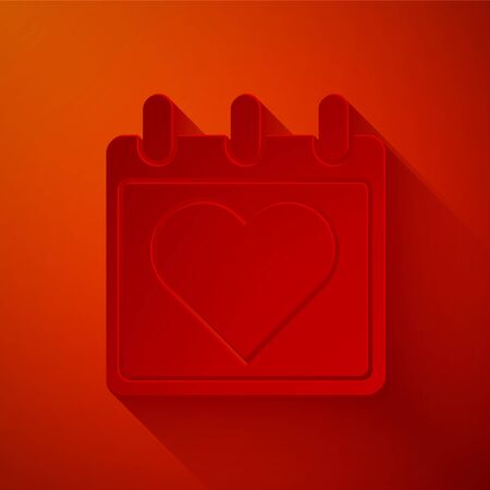 Paper cut Calendar with heart icon isolated on red background. Valentines day. Love symbol. February 14. Paper art style. Vector Illustrationのイラスト素材