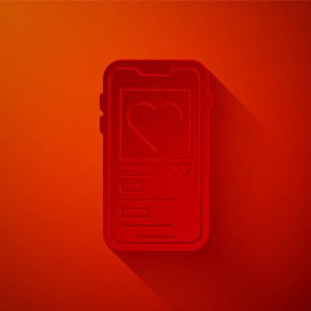 Paper cut Mobile phone with heart icon isolated on red background. Valentines day. Paper art style. Vector Illustrationのイラスト素材