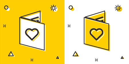 Black Valentines day flyer with heart icon isolated on yellow and white background. Celebration poster template for invitation or greeting card. Random dynamic shapes. Vector Illustrationのイラスト素材