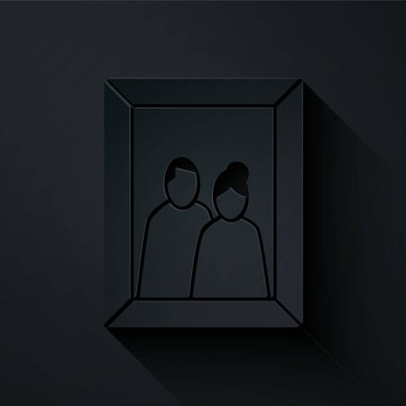 Paper cut Picture frame on table icon isolated on black background. Valentines Day symbol. Paper art style. Vector Illustrationのイラスト素材