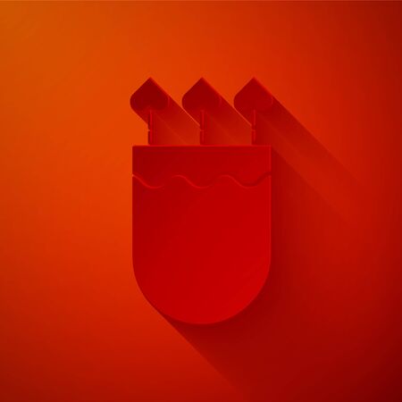 Paper cut Quiver and arrows with heart icon isolated on red background. Cupid symbol. Love sign. Valentines day concept. Paper art style. Vector Illustrationのイラスト素材