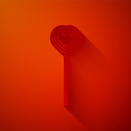 Paper cut Lollipop icon isolated on red background. Candy sign. Food, delicious symbol. Valentines day. Love symbol. Paper art style. Vector Illustrationのイラスト素材
