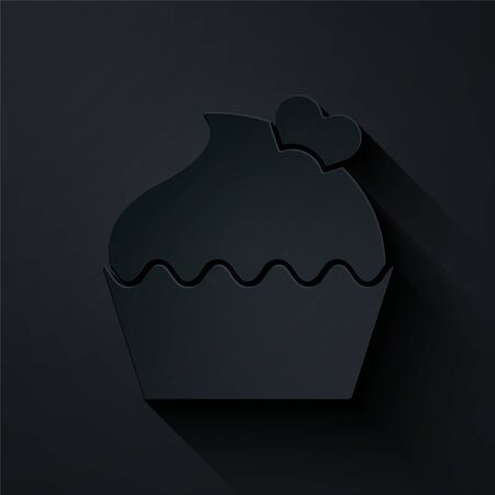 Paper cut Wedding cake with heart icon isolated on black background. Valentines day symbol. Paper art style. Vector Illustrationのイラスト素材