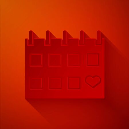 Paper cut Calendar with heart icon isolated on red background. Valentines day. Love symbol. February 14. Paper art style. Vector Illustrationのイラスト素材