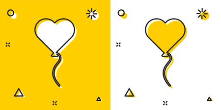 Black Balloons in form of heart with ribbon icon isolated on yellow and white background. Valentines day symbol. Random dynamic shapes. Vector Illustrationのイラスト素材