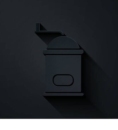 Paper cut Manual coffee grinder icon isolated on black background. Paper art style. Vector Illustrationのイラスト素材