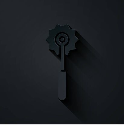 Paper cut Pizza knife icon isolated on black background. Pizza cutter sign. Steel kitchenware equipment. Paper art style. Vector Illustrationのイラスト素材