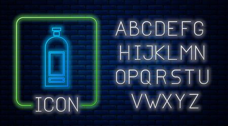Glowing neon Bottle of shampoo icon isolated on brick wall background. Neon light alphabet. Vector Illustrationのイラスト素材