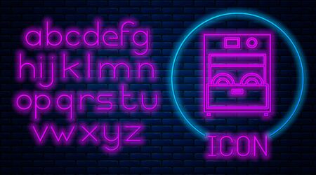 Glowing neon Kitchen dishwasher machine icon isolated on brick wall background. Neon light alphabet. Vector Illustrationのイラスト素材