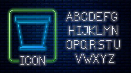 Glowing neon Flower pot icon isolated on brick wall background. Neon light alphabet. Vector Illustrationのイラスト素材