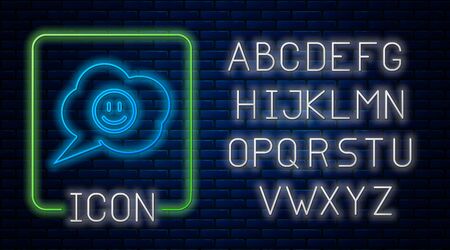 Glowing neon Speech bubble with smile face icon isolated on brick wall background. Smiling emoticon. Happy smiley chat symbol. Neon light alphabet. Vector Illustrationのイラスト素材