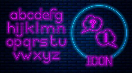 Glowing neon Speech bubbles with Question and Exclamation icon isolated on brick wall background. FAQ sign. Copy files, chat speech bubble and chart. Neon light alphabet. Vector Illustrationのイラスト素材