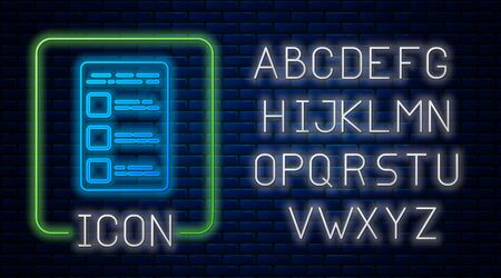Glowing neon Create account screen on mobile phone icon isolated on brick wall background. Neon light alphabet. Vector Illustrationのイラスト素材