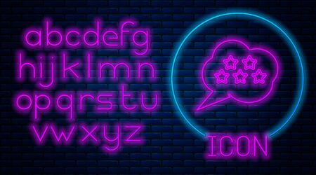 Glowing neon Five stars customer product rating review icon isolated on brick wall background. Favorite, best rating, award symbol. Neon light alphabet. Vector Illustrationのイラスト素材
