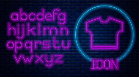 Glowing neon T-shirt icon isolated on brick wall background. Neon light alphabet. Vector Illustrationのイラスト素材