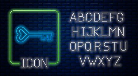 Glowing neon Key in heart shape icon isolated on brick wall background. Valentines day symbol. Neon light alphabet. Vector Illustrationのイラスト素材