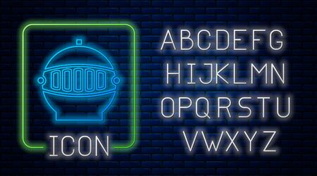 Glowing neon Medieval iron helmet for head protection icon isolated on brick wall background. Neon light alphabet. Vector Illustrationのイラスト素材