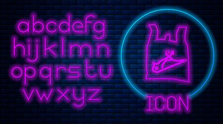 Glowing neon Dead bird, plastic icon isolated on brick wall background. Element of pollution problems sign. Neon light alphabet. Vector Illustrationのイラスト素材