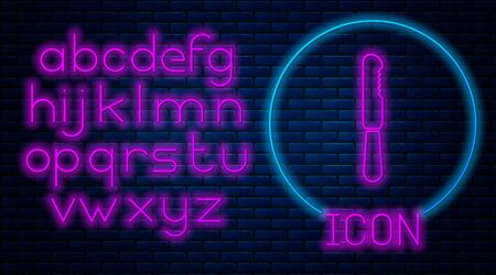 Glowing neon Disposable plastic knife icon isolated on brick wall background. Neon light alphabet. Vector Illustrationのイラスト素材
