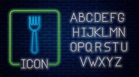 Glowing neon Disposable plastic fork icon isolated on brick wall background. Neon light alphabet. Vector Illustrationのイラスト素材