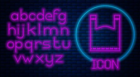 Glowing neon Plastic bag icon isolated on brick wall background. Disposable cellophane and polythene package prohibition sign. Neon light alphabet. Vector Illustrationのイラスト素材