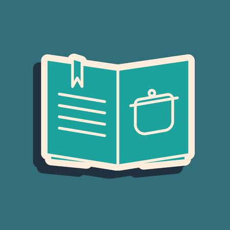 Green Cookbook icon isolated on blue background. Cooking book icon. Recipe book. Fork and knife icons. Cutlery symbol. Long shadow style. Vector Illustrationのイラスト素材