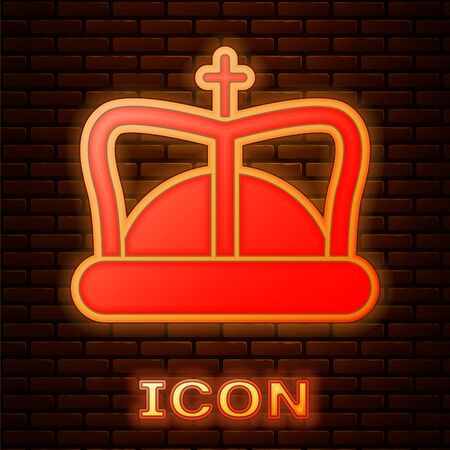Glowing neon King crown icon isolated on brick wall background. Vector Illustrationのイラスト素材