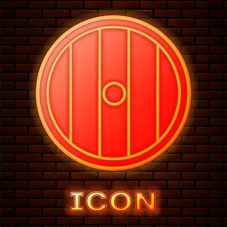 Glowing neon Round wooden shield icon isolated on brick wall background. Security, safety, protection, privacy, guard concept. Vector Illustrationのイラスト素材