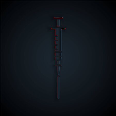 Paper cut Syringe icon isolated on black background. Syringe for vaccine, vaccination, injection, flu shot. Medical equipment. Paper art style. Vector Illustrationのイラスト素材