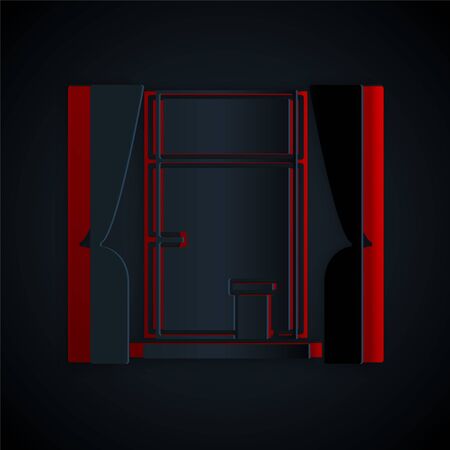 Paper cut Window with curtains in the room icon isolated on black background. Paper art style. Vector Illustrationのイラスト素材