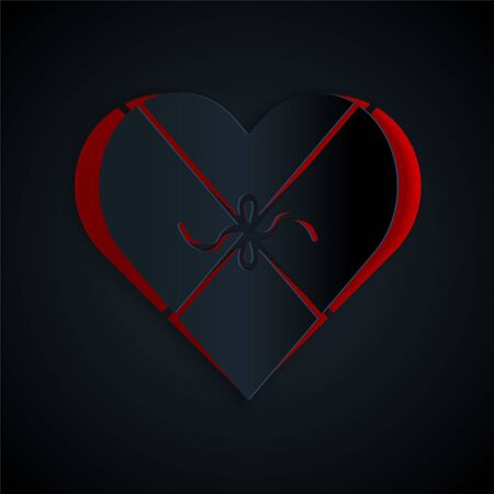 Paper cut Candy in heart shaped box and bow icon isolated on black background. Valentines Day. Paper art style. Vector Illustrationのイラスト素材