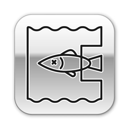 Black line Stop ocean plastic pollution icon isolated on white background. Environment protection concept. Fish say no to plastic. Silver square button. Vector Illustrationのイラスト素材