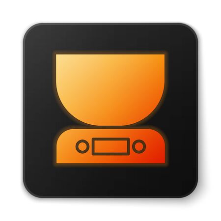 Orange glowing neon Electronic scales icon isolated on white background. Weight measure equipment. Black square button. Vector Illustrationのイラスト素材
