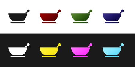 Set Mortar and pestle icon isolated on black and white background. Vector Illustrationのイラスト素材