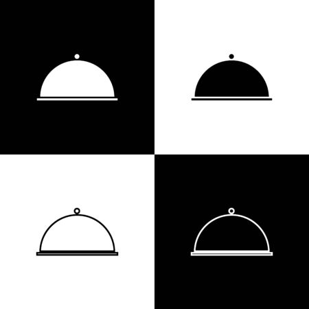 Set Covered with a tray of food icon isolated on black and white background. Tray and lid. Restaurant cloche with lid. Kitchenware symbol. Vector Illustrationのイラスト素材