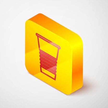 Isometric line Paper glass icon isolated on grey background. Soda drink glass. Fresh cold beverage symbol. Yellow square button. Vector Illustrationのイラスト素材