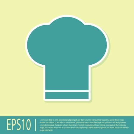 Green Chef hat icon isolated on yellow background. Cooking symbol. Cooks hat. Vector Illustrationのイラスト素材