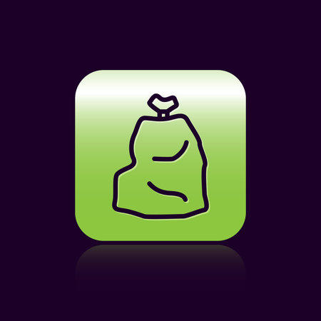 Black line Garbage bag icon isolated on black background. Green square button. Vector Illustrationのイラスト素材