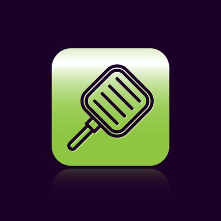 Black line Frying pan icon isolated on black background. Fry or roast food symbol. Green square button. Vector Illustrationのイラスト素材