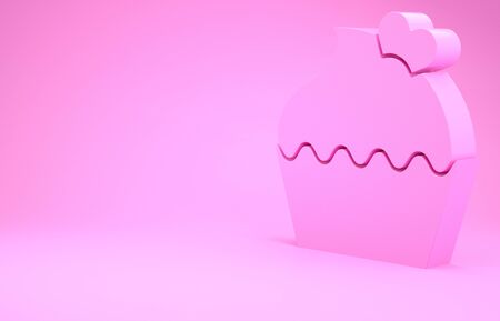 Pink Wedding cake with heart icon isolated on pink background. Valentines day symbol. Minimalism concept. 3d illustration 3D renderの写真素材